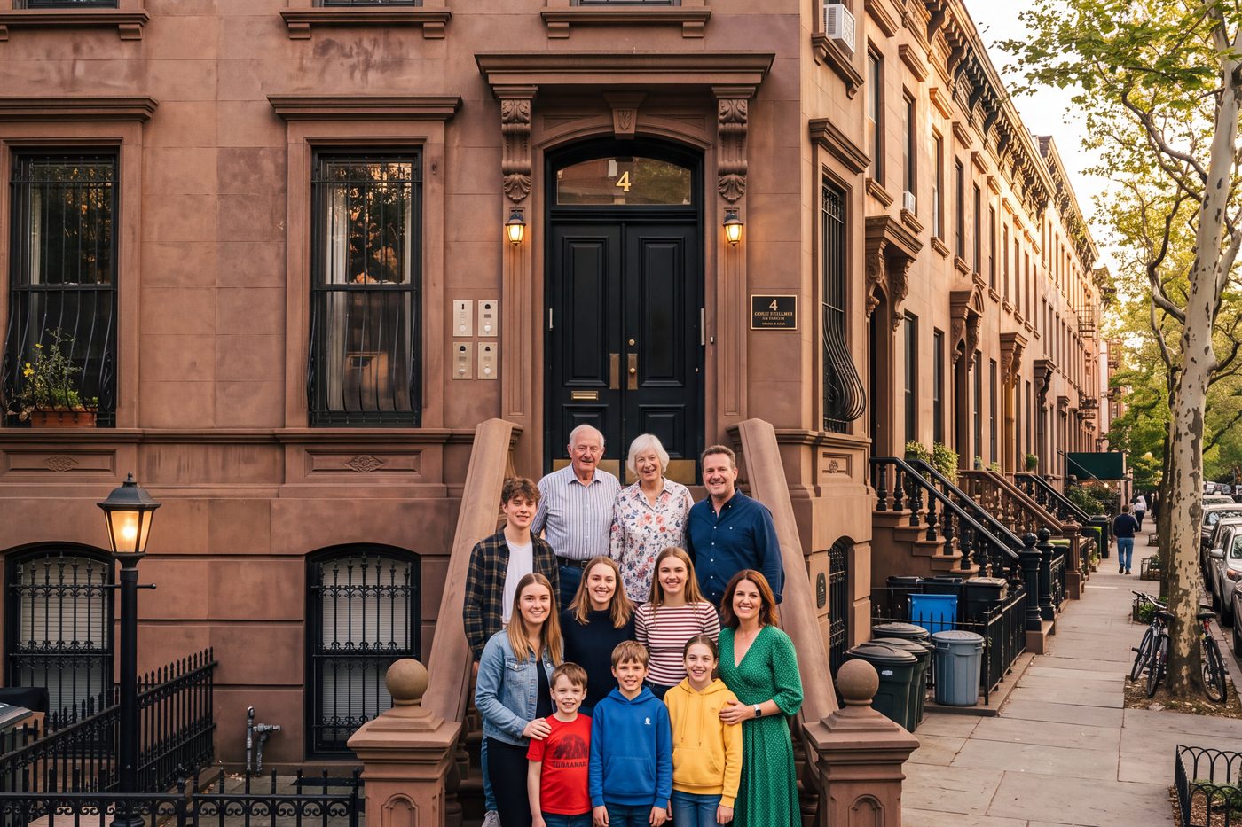 Three generations of a family standing together on the stoop of a brownstone on a tree-lined city street