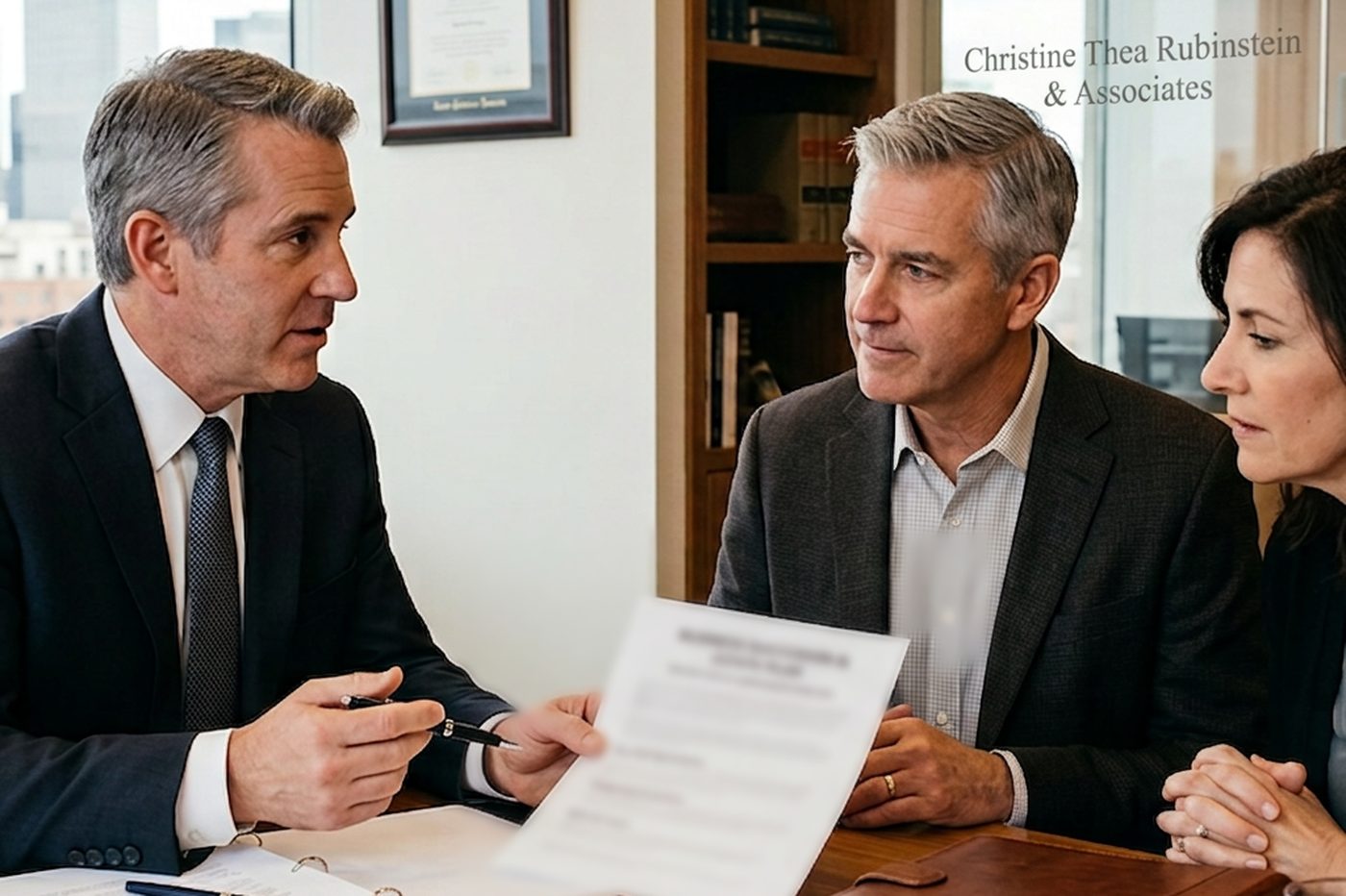 An attorney across a conference table from two business owners, going through a succession and estate plan document