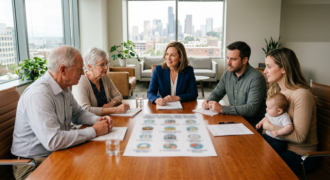 Three generations of a family seated around a conference table with an attorney, reviewing a list of life events that call for an estate plan review