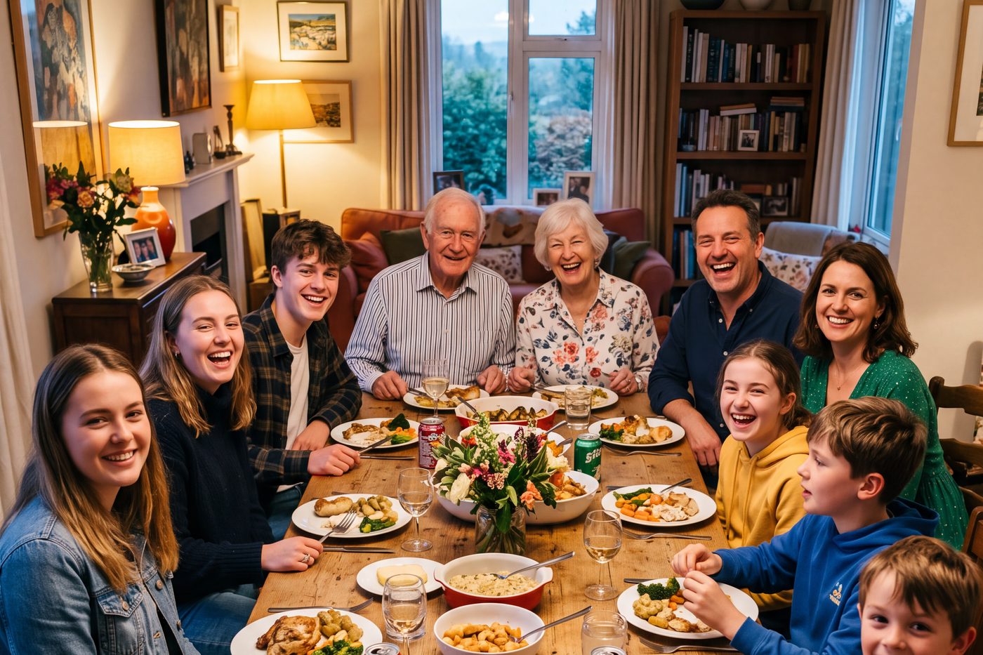 Three generations of a family seated around a long dining table at home, mid-meal and laughing
