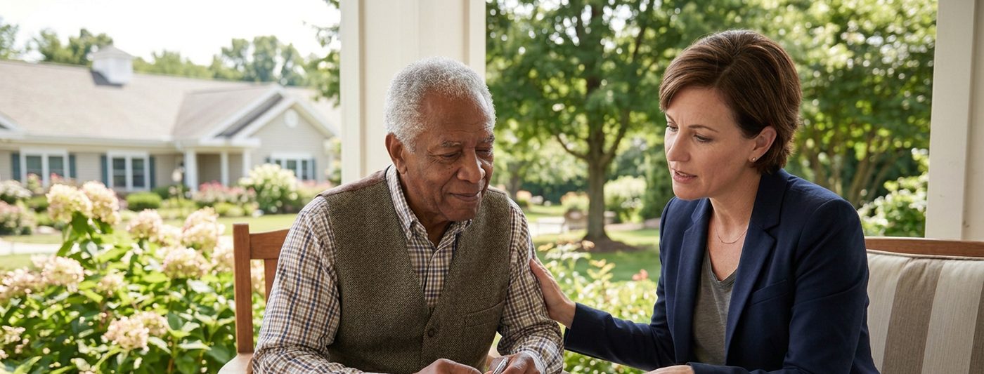 An older man seated at a porch table with an adviser beside him, a residential care community in the background