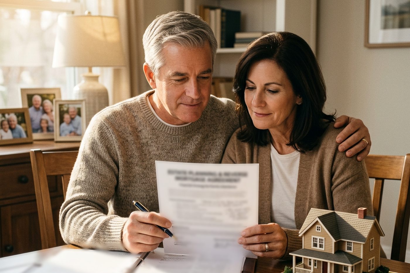 A couple at their dining table reading a document together, a pen in hand and a model house beside them