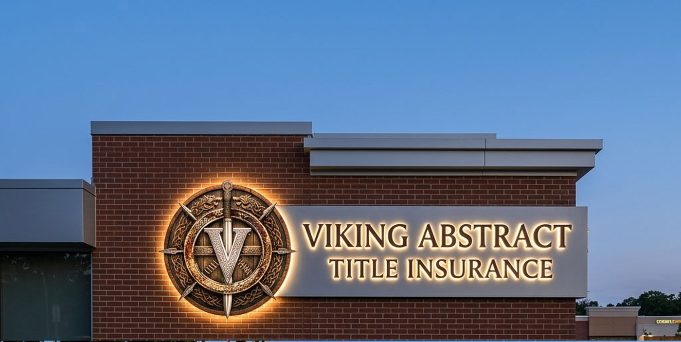 The illuminated exterior sign of Viking Abstract Title Insurance on a brick building at dusk