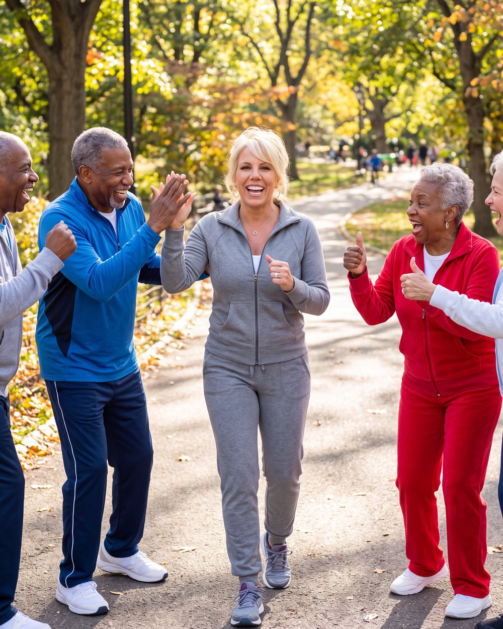 A group of older adults walking together on a tree-lined park path, laughing
                    and cheering one another on