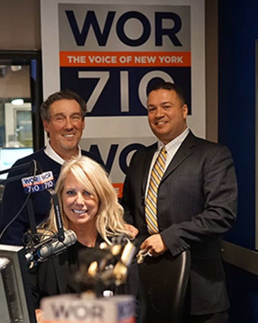 Christine Thea Rubinstein in the WOR 710 AM studio with radio host Joe Bartlett
                    and Alexander Rubinstein